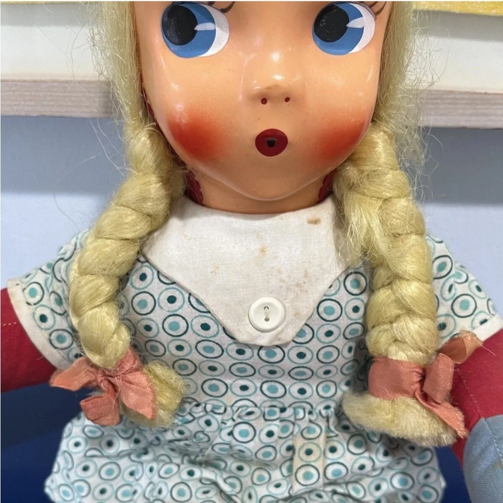 Carnival Plastic Face Cloth Fabric Doll Blonde Hair Braids Blue Eyes Vintage 60s